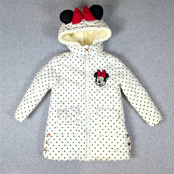 Disney Jr Minnie Mouse Puffer Jacket 4T Hooded Polka Dot Quilted Sherpa Lined - Picture 1 of 12